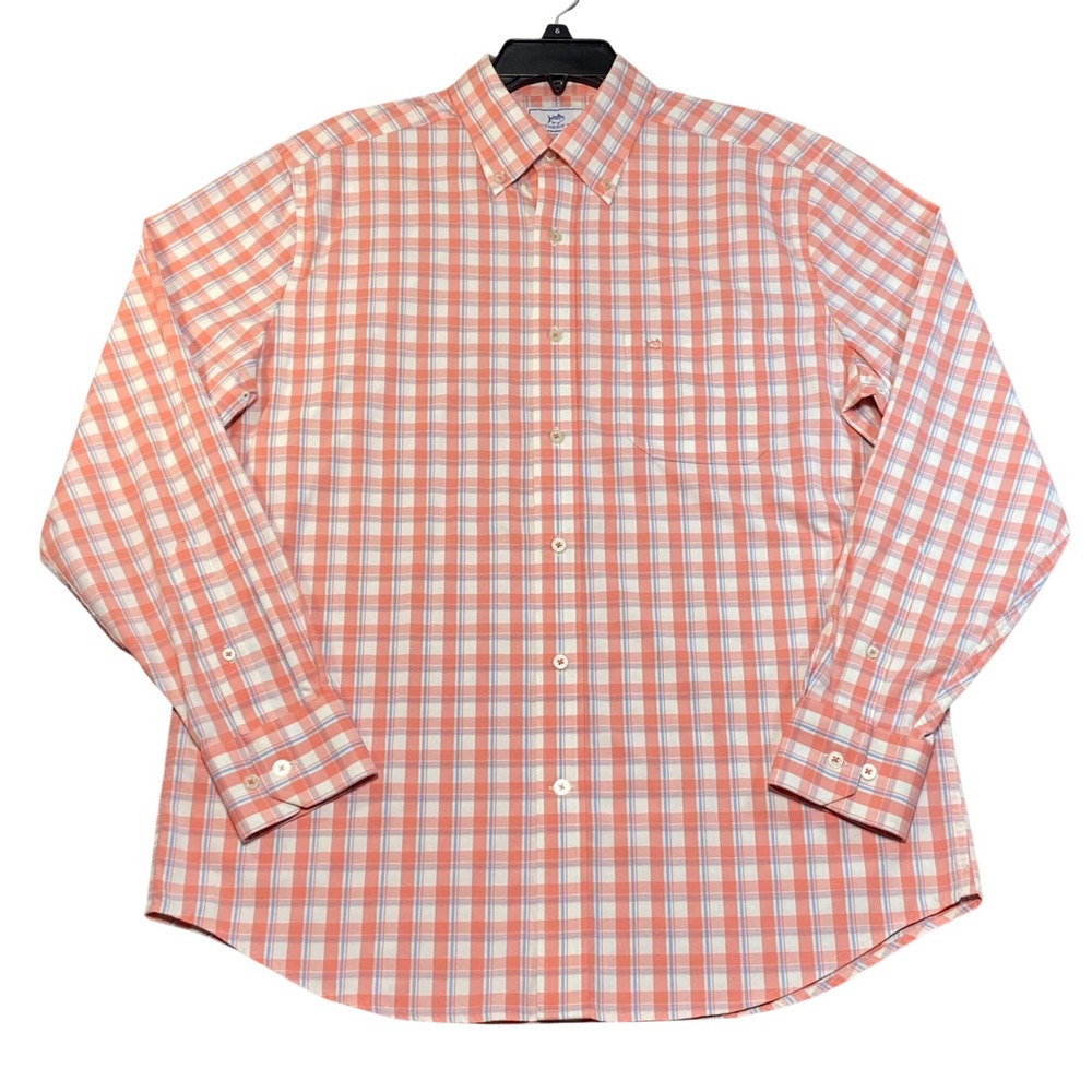 Southern Tide Intercoastal Mens Orange Blue Plaid Long Sleeve Shirt Size L 22587